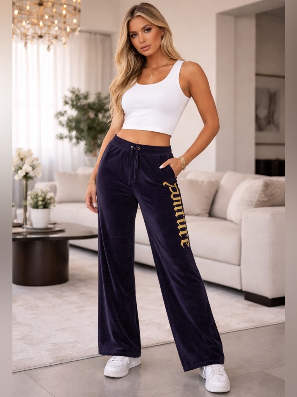 Juicy Couture Navy Velour Track Pants Gold Logo Y2K Wide Leg Flare Sz S